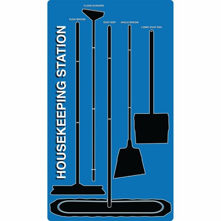 5S SUPPLIES 5S Housekeeping Shadow Board Broom Station Version 9  - Blue Board / Black Shadows  With Broom HSB-V9-BLUE-KIT